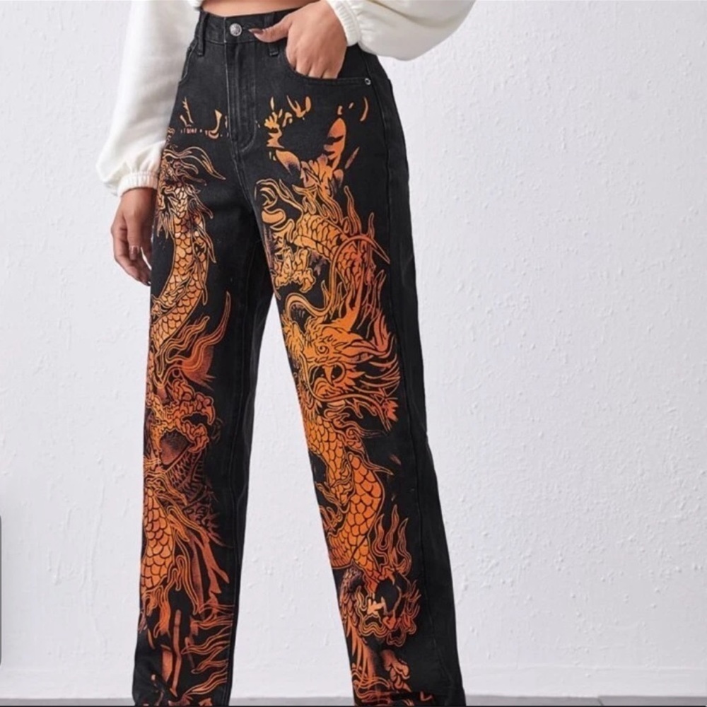 Shein High Waisted Chinese Dragon Jeans - Picture 6 of 10